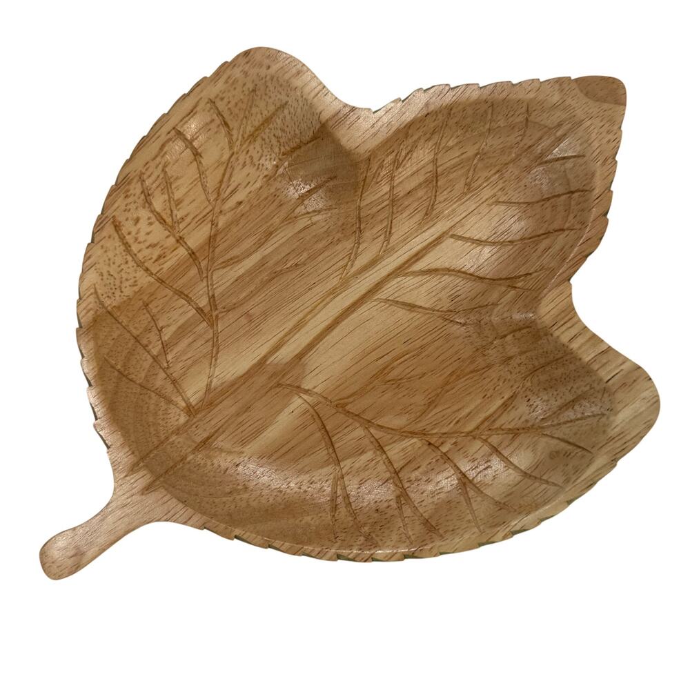 Vintage 90s Clay Art Wooden Leaf Tray Hand Painted Green 9.5”